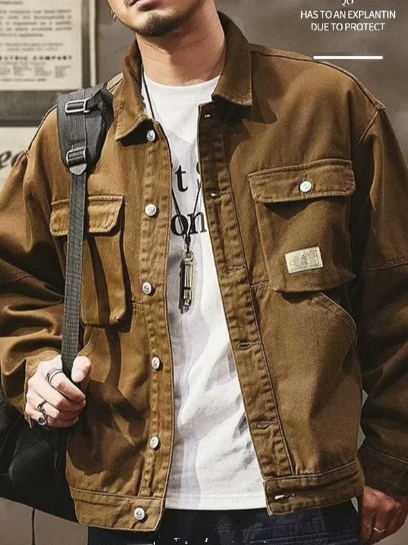 Premium Workwear Jacket Men's Spring Autumn Loose American Retro Collar Casual Handsome Denim Shirt Standard Fit Multi Pocket