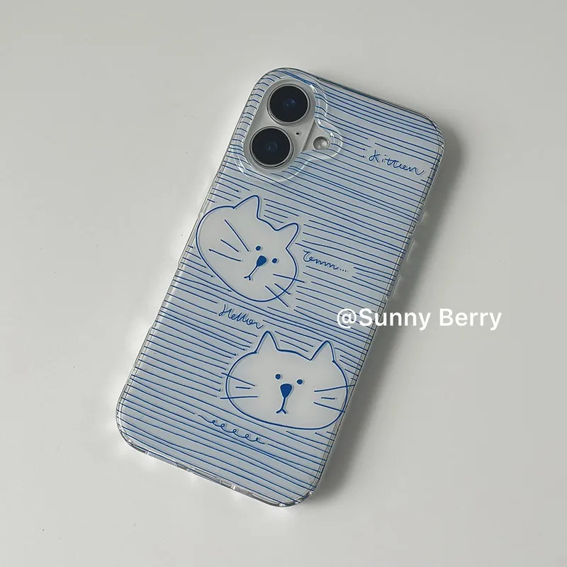 Korean Ins Blue Striped Kitten Cat Y2K Phone Case For iPhone Ultra 18 17 Air 16 15 14 13 12 11 Pro Max Plus Anti-Yellow Cover - view 6