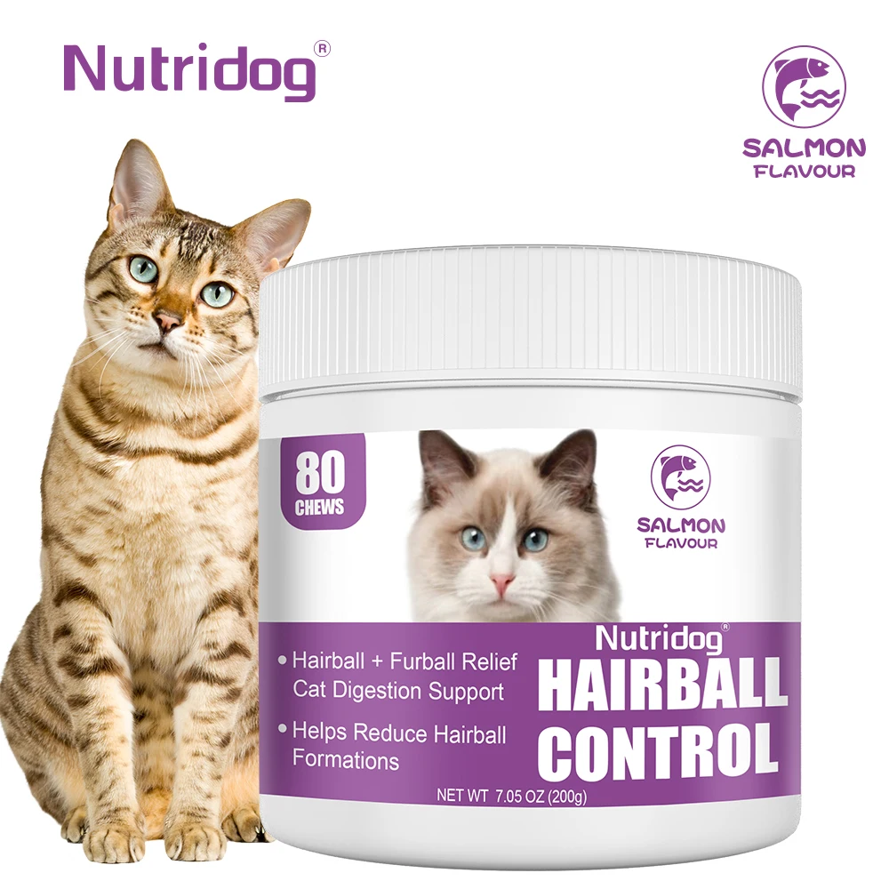 NUTRIDOG Control de bolas de pelo para gatos masticables Omega 3 y 6 cáscara de psyllium Control de bolas de pelo de biotina para gatos Salud digestiva y soporte para la piel