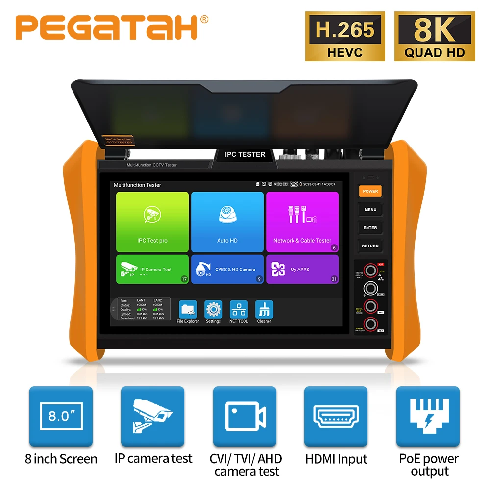 PEGATAH 8 Inch CCTV IPC Tester IP Analog CVI / TVI / AHD/ HDMI / VGA / SFP /PoE All-in-one 8K H.265 IP Camera Tester