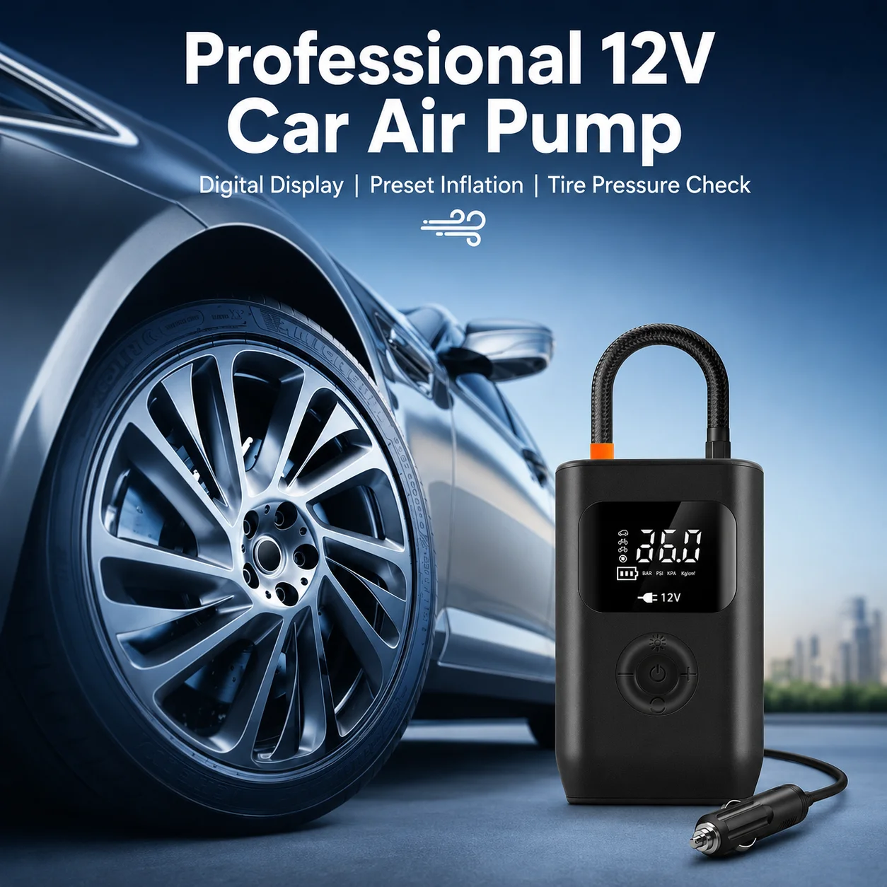 12V Car Tire Inflator, Portable Digital Air Compressor with LED Light, Car Cigarette Lighter Powered Tire Pump for Car Motorcycl