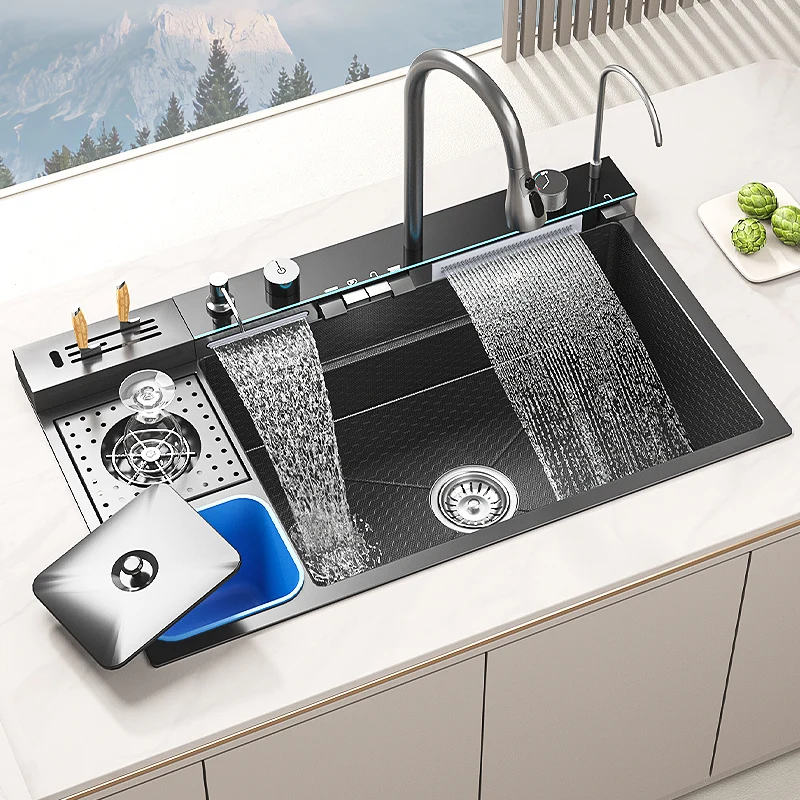 

Waterfall Large Single Sink Kitchen Stainless Steel with Trash Can Multifunctional Vegetable and Dishwashing Basin Sink