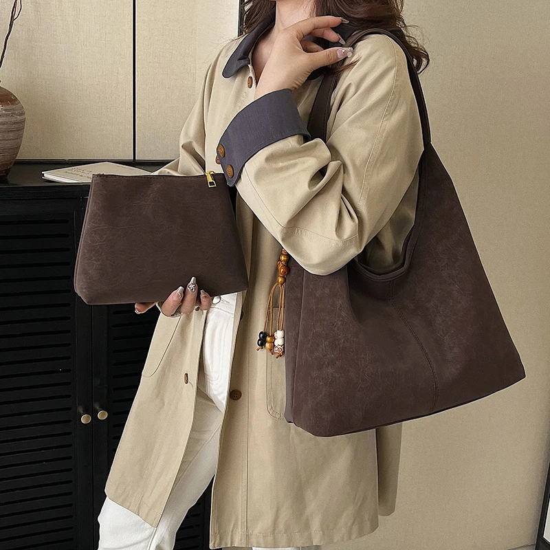 

Модные повседневные женские сумки и кошелек из мягкой искусственной кожи, однотонная сумка на плечо большой вместимости, сумка-тоут в стиле ретро для поездок на работу, сумка для покупок