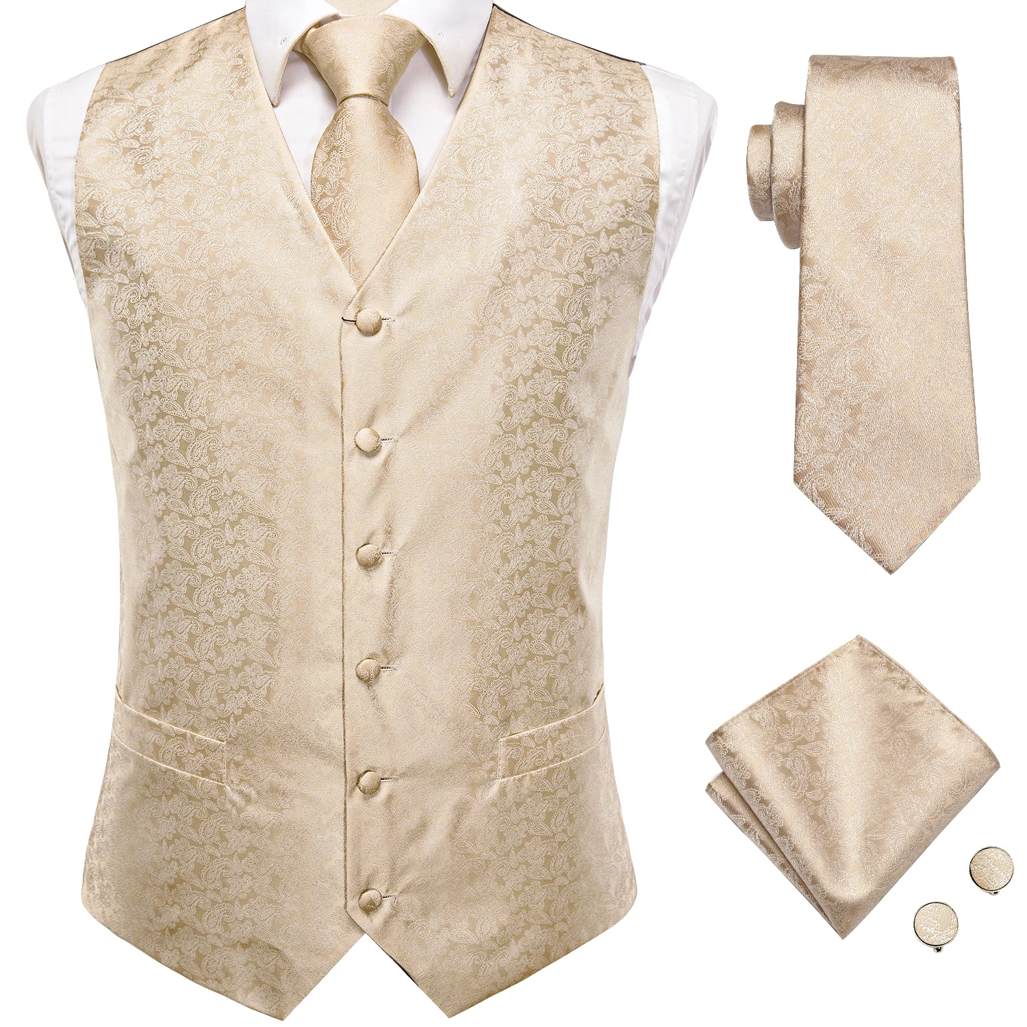 Champagne Scroll Jacquard V-Neck Vest 4Pcs Outfit Tie Pocket Square Cufflinks For Outdoor Wedding Gala