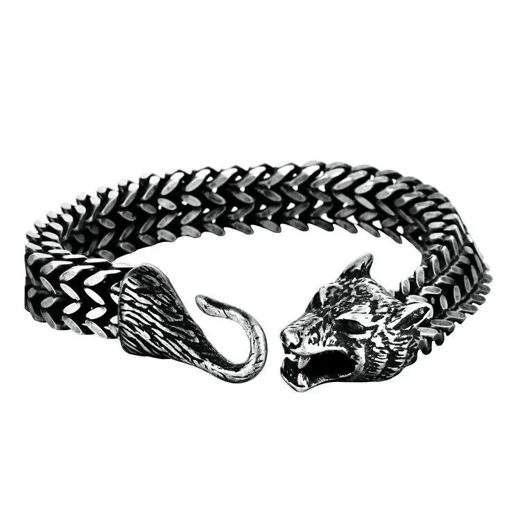 8 Inch Mens Black Stainless Steel Viking Fenrir Wolf Head Bracelet Chain Accessories