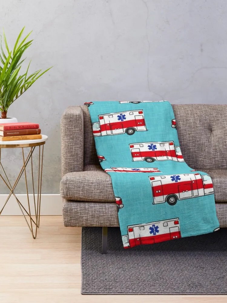 Ambulance on Teal Throw Blanket Flannel Blanket Soft Blanket