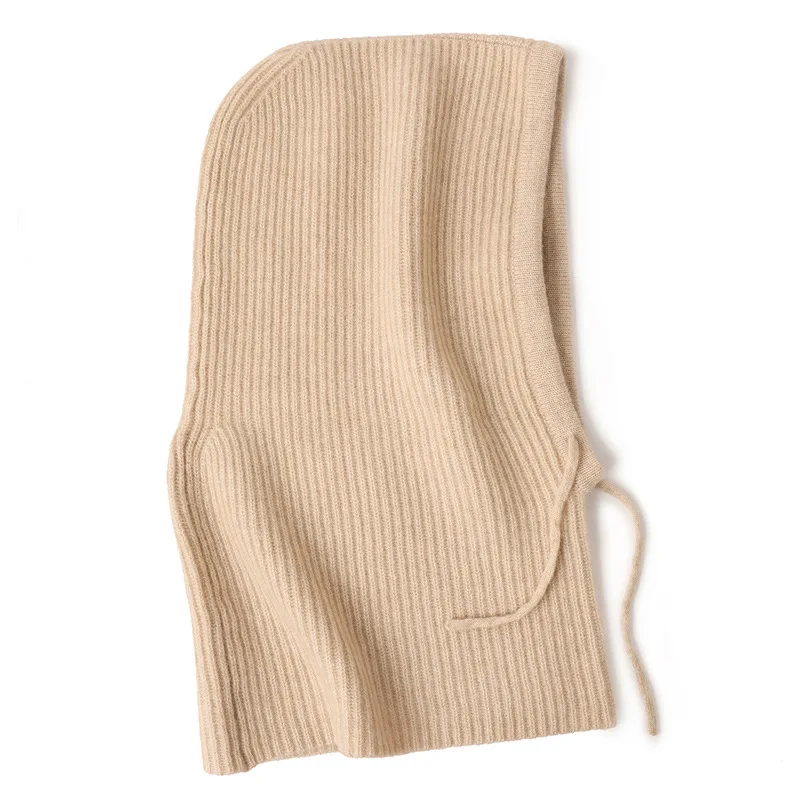 100%Wool Hooded Drawstring Balaclava Hat Women Winter Autumn Soft Warm Neck Scarf Fashion False Collar Wollen Beanies Cap Men