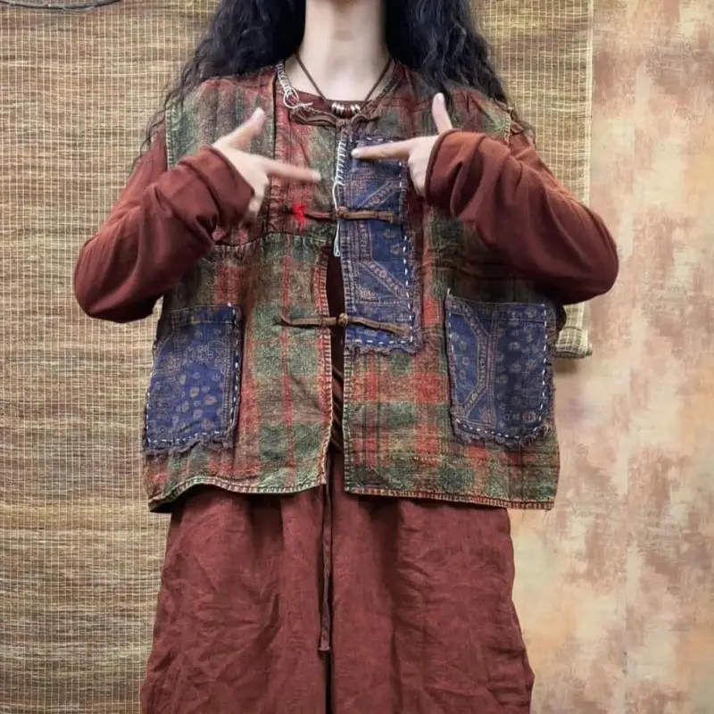 

Весенне-осенний художественный стиль, женские винтажные однобортные короткие пальто с двойными карманами, хлопково-льняной клетчатый свободный жилет высокого качества