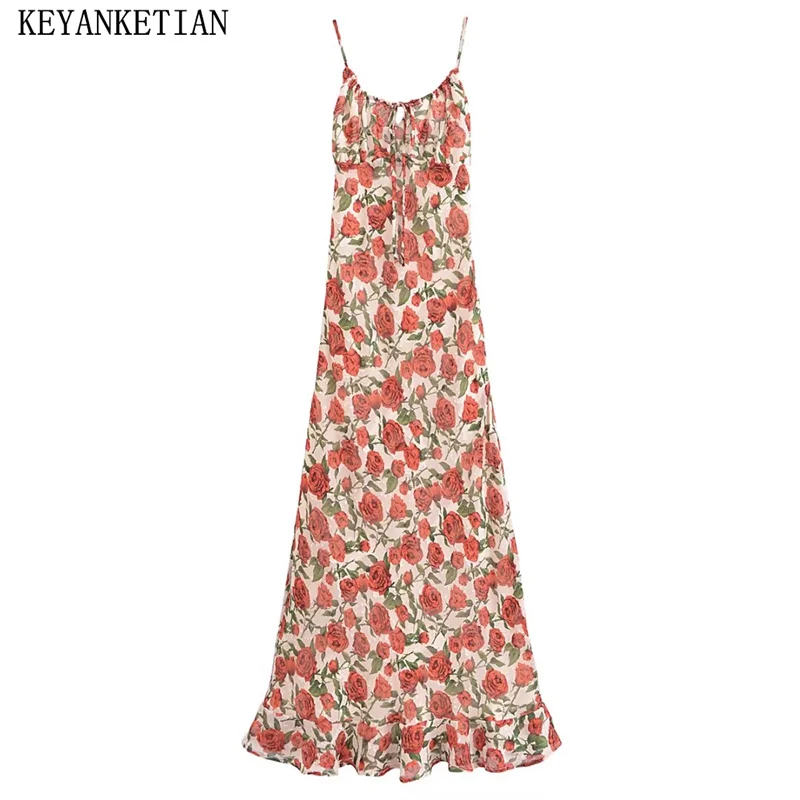 

KEYANKETIAN 2024 New Launch Romantic Rose Print Halter Dress Women's Holiday Wind Lace Up Slash Neck Slim-Fit Fairy Long Dress