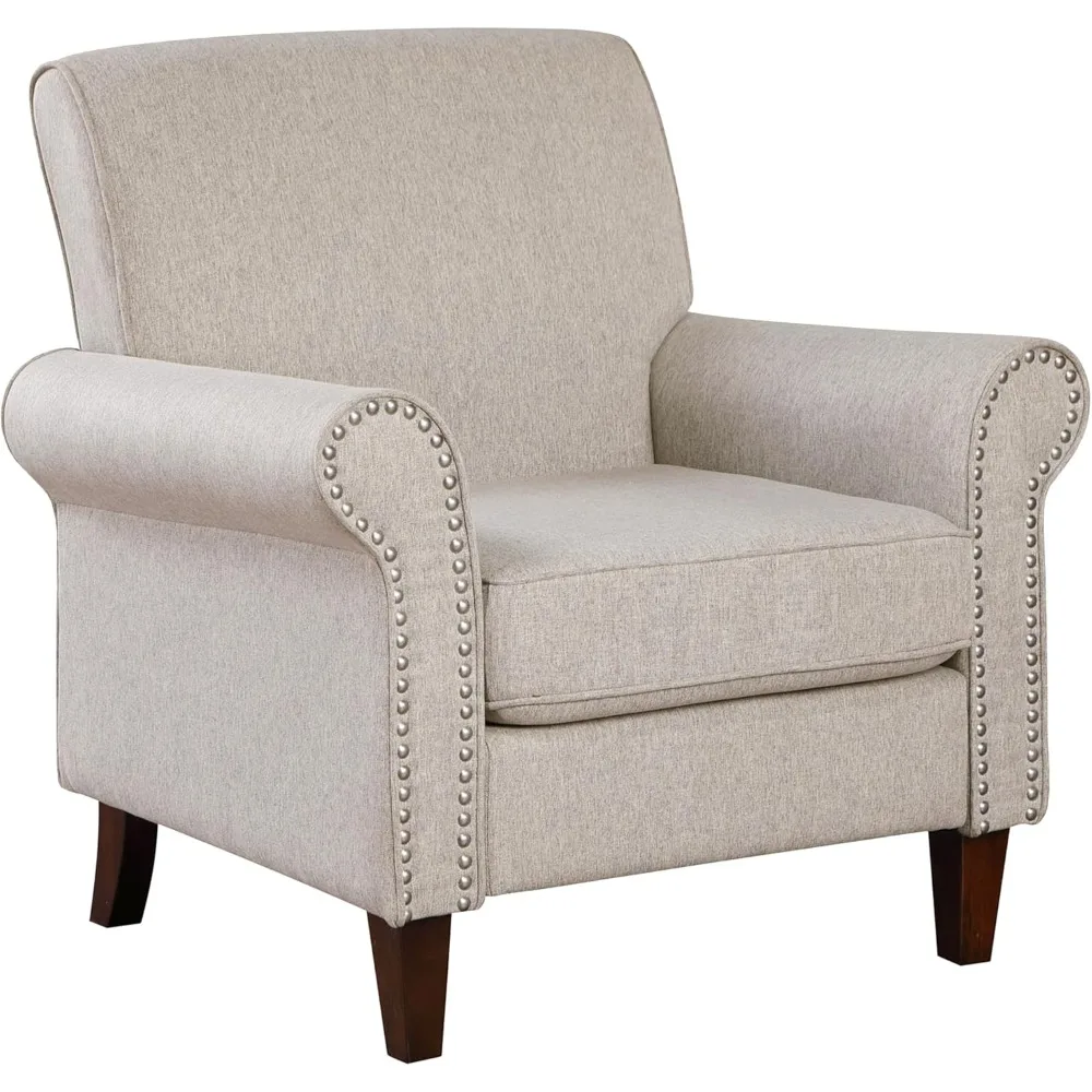 Large Comfortable Fabric Accent Chair for Living Room - Upholstered Sofa with Cushion, Rolled Armrests, and Nailhead Trim