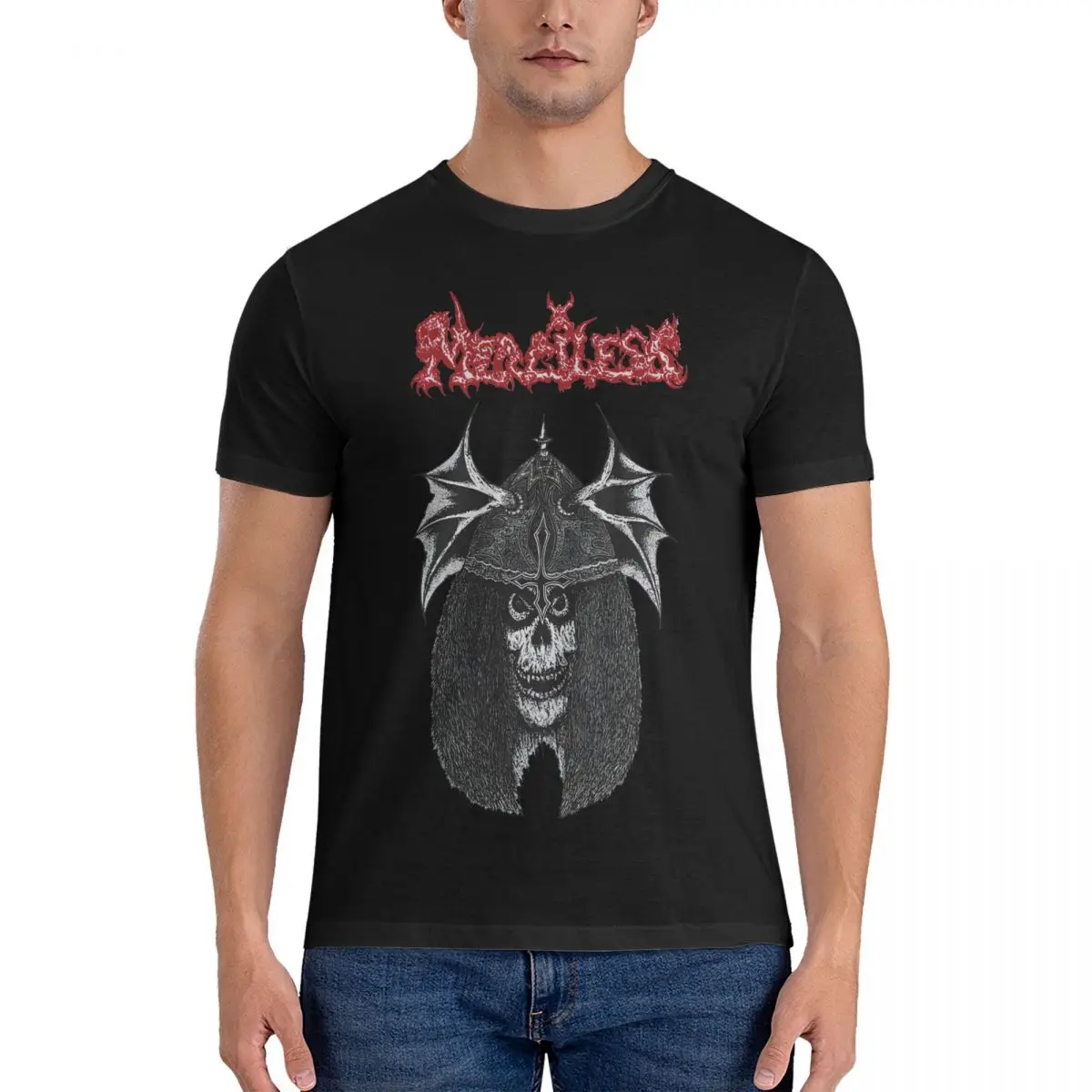 Vintage Merciless The Awakening Skullface T-Shirts Men Crewneck Cotton T Shirts Death Metal Short Sleeve Tee Shirt Graphic