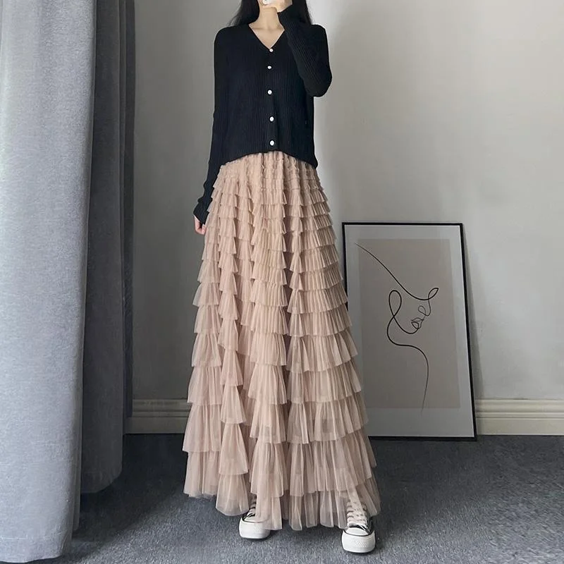 Summer Heavy Work Mesh Skirt Women's High Waist A-Line Midi Skirt Super Long Cake Skirt Polyester Fabric Non-Stretchy