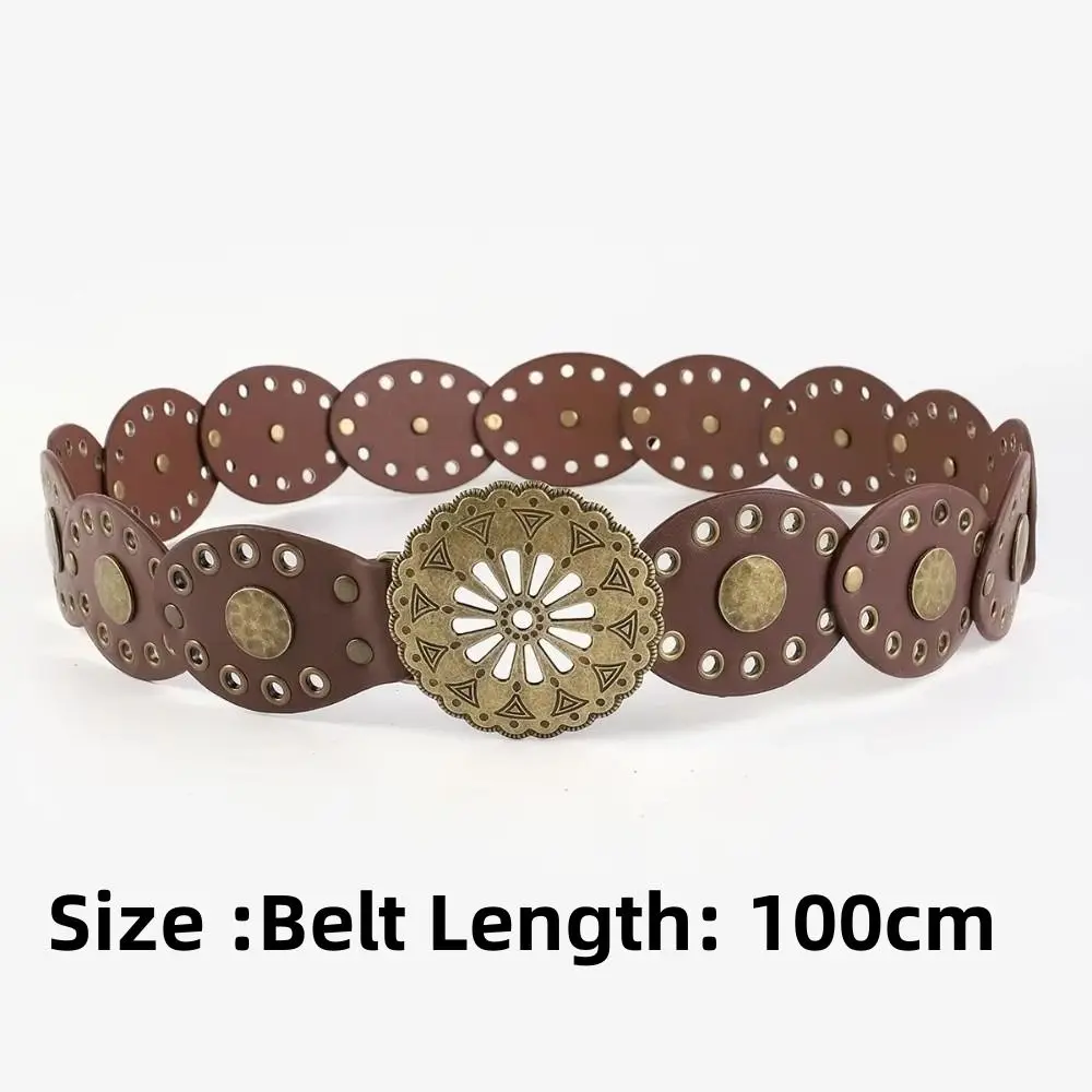 Trendy Retro Design Breiten Gürtel Persönlichkeit Runde Western Cowboy Taille Strap Hohl Metall PU Leder Hosen Kleid Gürtel Für Frauen