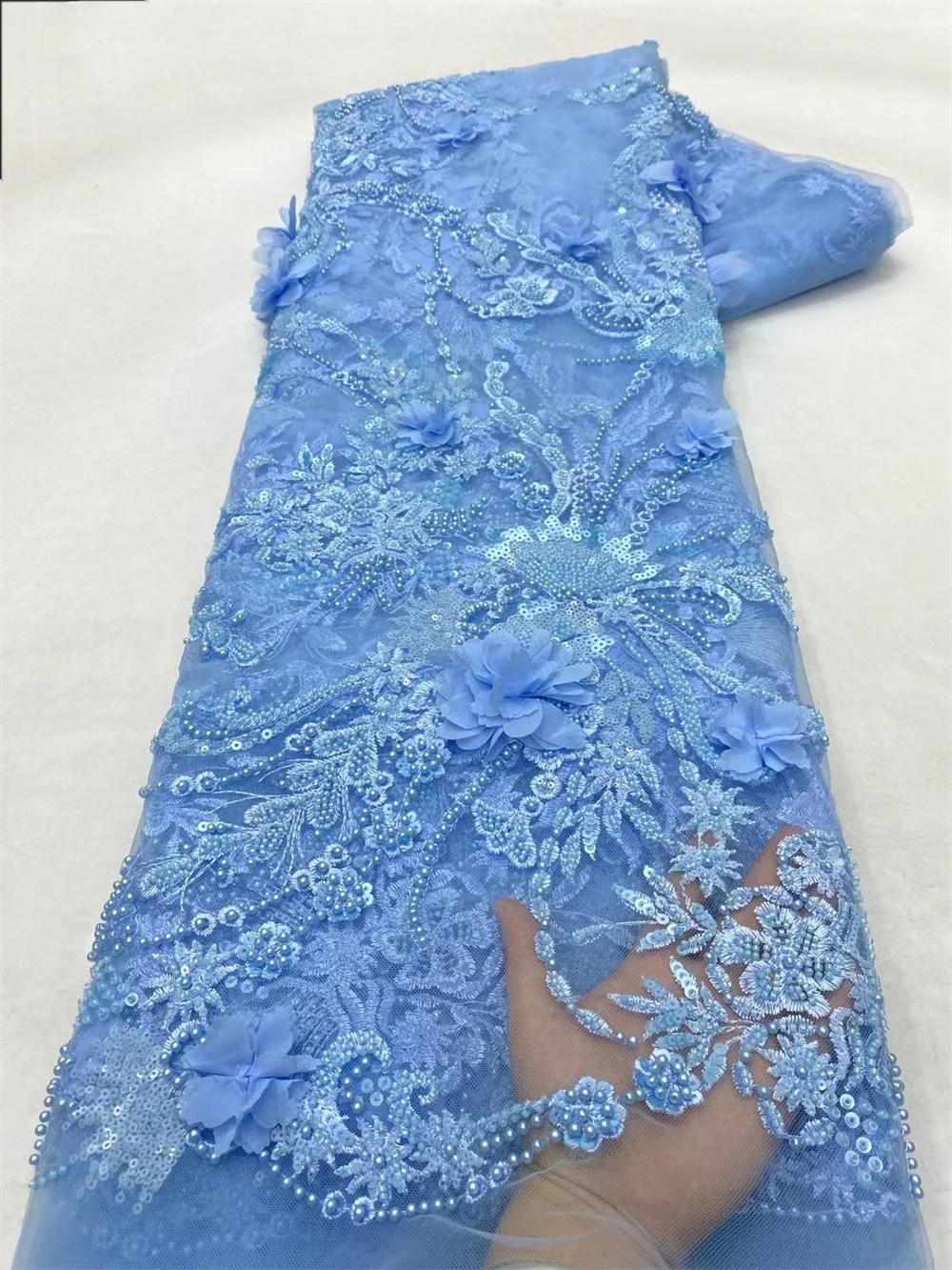 Sky Blue 3D Beads Lace Fabric High Quality Mesh Embroidery Applique 3D Flower Tulle Nigerian Lace Fabrics For Bridal DressA144-1