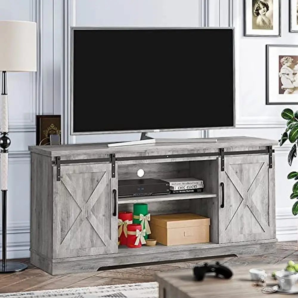 

Farmhouse TV Stand 65 Inch Entertainment Center Console Grey Wood Barn Doors Shelves Storage Sturdy Durable Adjustable Cable