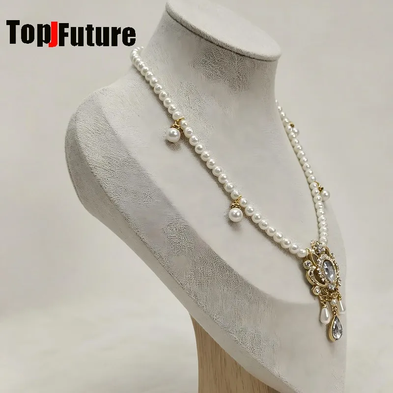 Women Y2K Retro Princess gal Style girl Lace ruffle Bow Rhinestone Heart Charm Pearl Layered Necklace Crystal Pendant choker