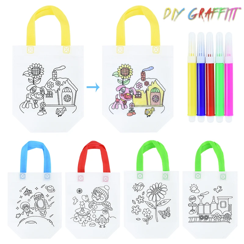 20pcs/set Coloring Graffiti Bags Children's Hand-made Cartoon Art DIY Painting Bag Birthday Party Non Woven Gift Bag with Handle