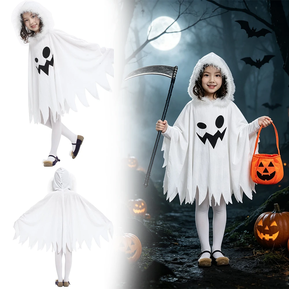 Kids Ghost Halloween Costume White Cloak with Sickle Pumpkin Candy Bag Leggings Toddler Fancy Dress Up Outfit for Party Cosplay