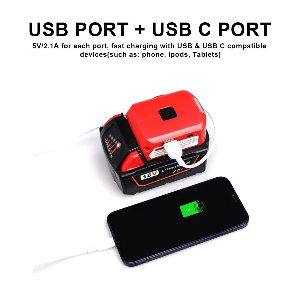 USB Charger Battery Adapter Led Light 18V-20V Power Source For Milwaukee M18 Kit