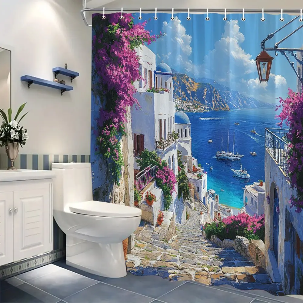 

"Scenic Mediterranean Village Waterproof Shower Curtain, Coastal Landscape Design for Relaxing Bathroom Decor"