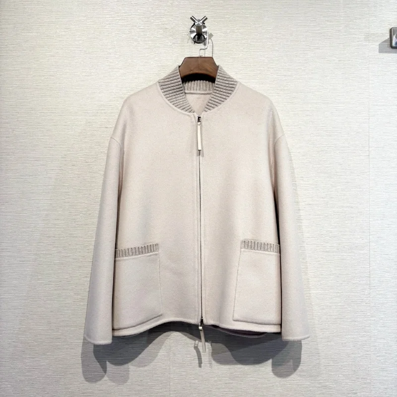 Chic Women 2026 Spring New Double Face Wool Coat, Ribbed Baseball Collar Short Jacket with Zip Front Casual Outerwear Office