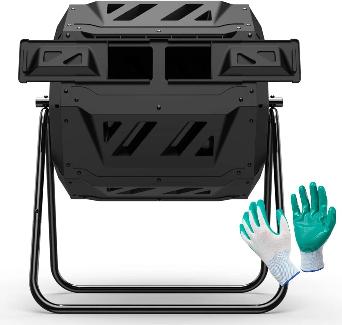 Outdoor Compost Tumbler Bin Dual Chamber Rotating Composting Container Fast Soil Creation Garden Lawn Kitchen Organic Waste Maker Heavy Duty Weather Resistant Black 1 Pack