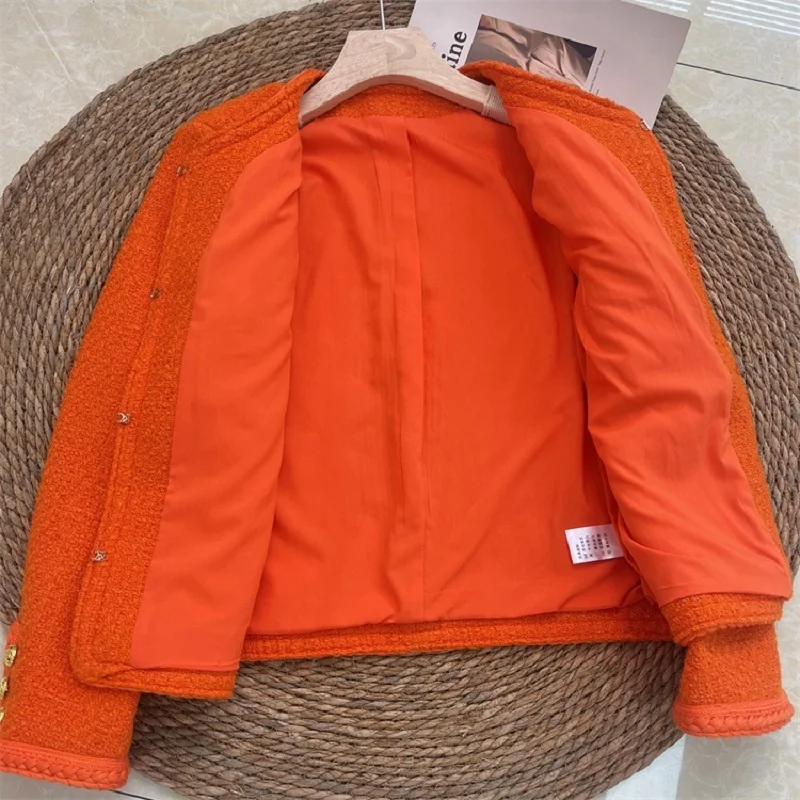 Chaqueta corta de Tweed naranja para mujer, abrigo informal de manga larga con cuello redondo, otoño e invierno, novedad de 2023