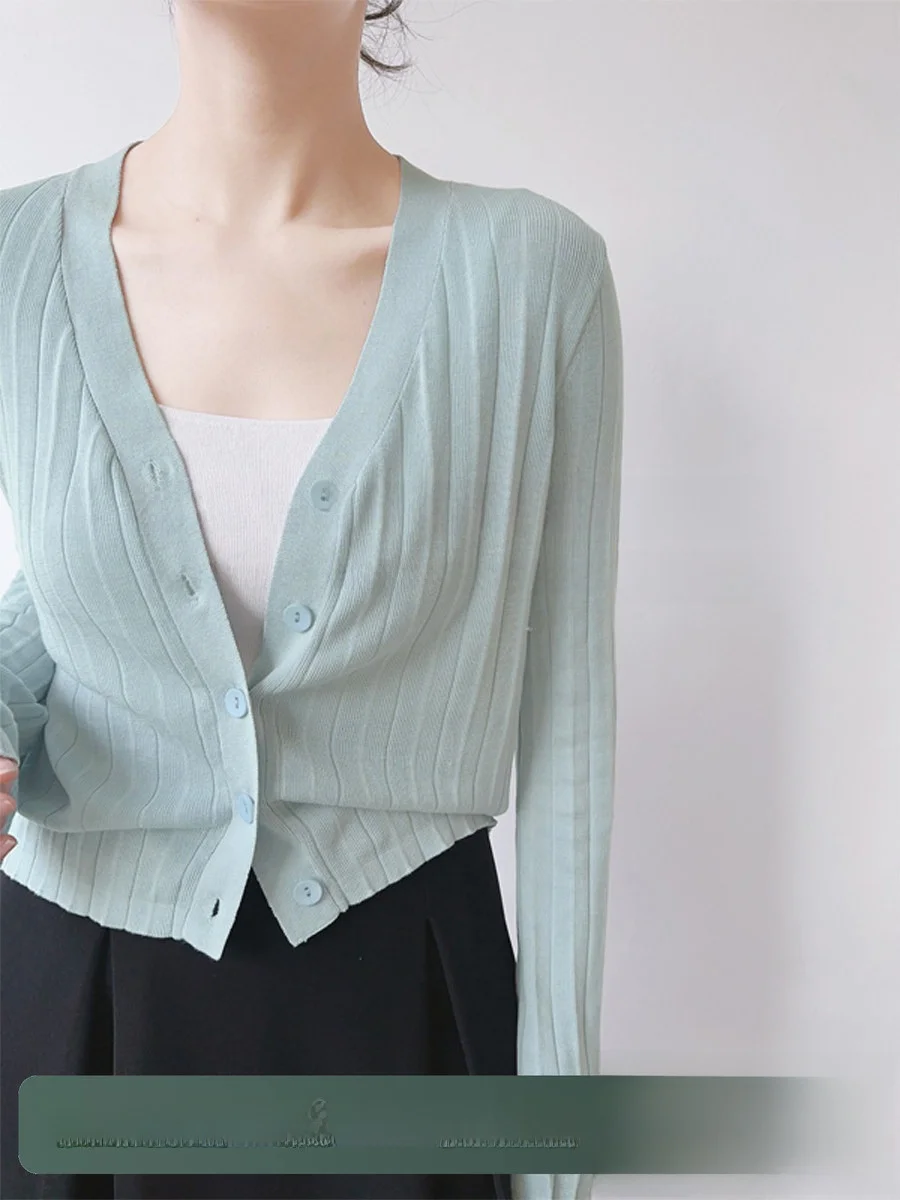 

XALI Spring Letter Blue V-ne Knitted Sweater Women's Summer Thin Sun Protection Long Sve Open Cardigan Top