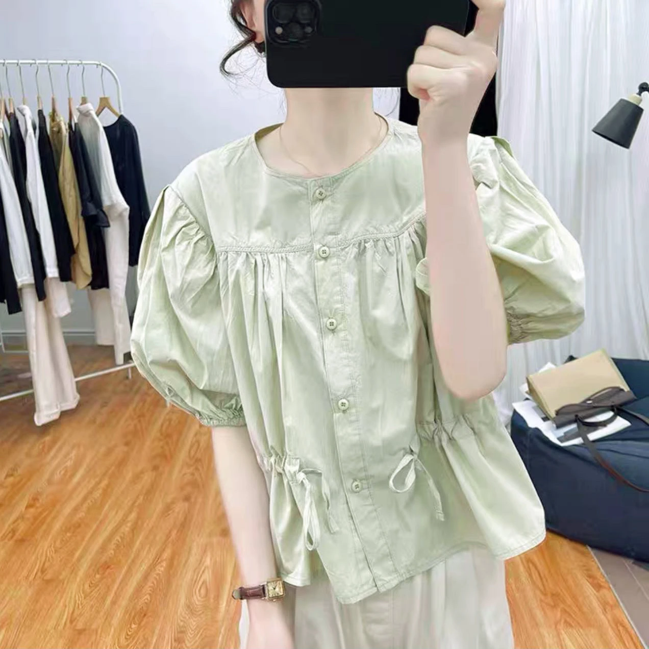

Pure Cotton Dstring round Ne ort Sve Women's irt Summer Fre Sle Breathable Comfortable Loose Fit White irt