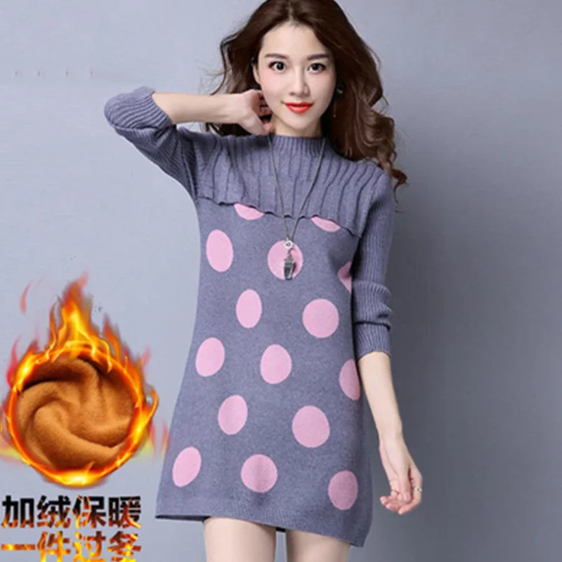 Autumn Winter New Korean Loose Half height collar sweater Ladies pullover midi dress knitting bottoming shirt Polka dot dresses