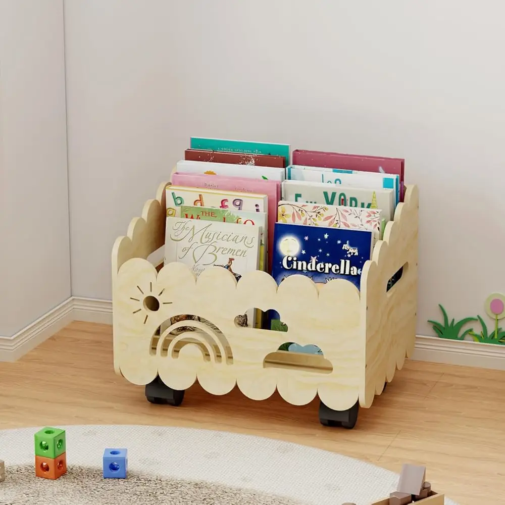 

Wood Kids Bookshelf, Montessori Bookshelf, With 2 Adjustable Dividers, 4 Wheels Suitable Kids Rooms, Nursery & Classroom, Book