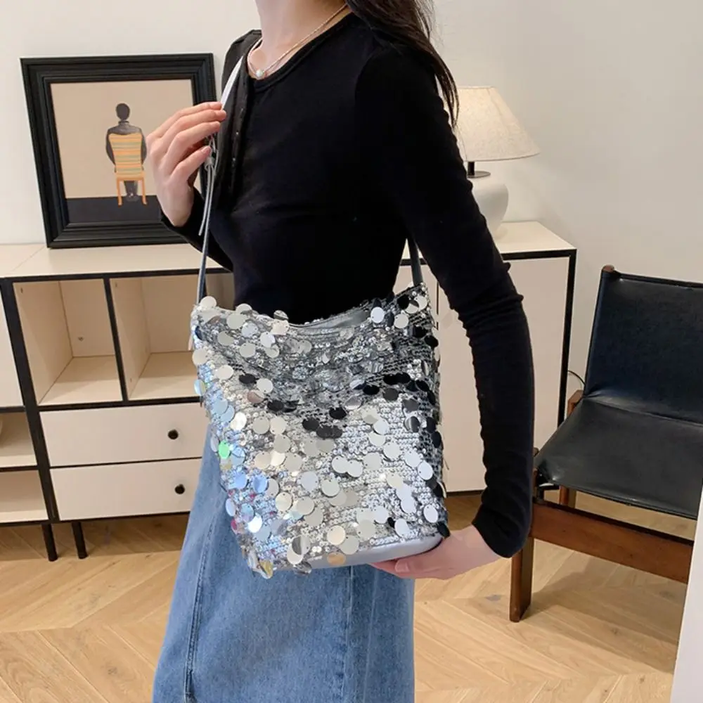 حقيبة كروس كاجوال لامعة بالترتر لامعة بكتف واحد للسهرة حقيبة صغيرة ذات سعة كبيرة على الطراز الكوري حقيبة دلو للعشاء #4