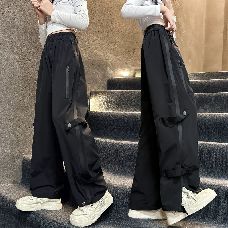 

New Autumn Split Hip Hop Pants for Girls Black Cargo Trousers With Zipper For Teenage Girl Fashion Forked High Street Trackpants