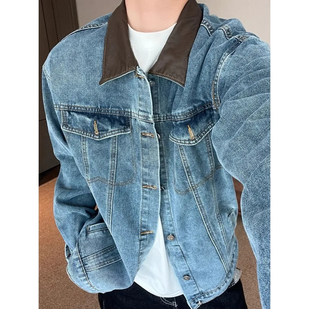 

Тяжелый осенне-зимний мужской джинсовый джинсовый джинт с кожаным воротником 250, рабочая одежда на молнии с застежкой-стойкой