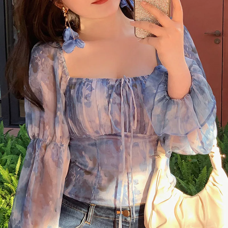 Spring Summer New Printing Fashion Long Sleeve Blouse Women High Street Casual Lacing Pleated Pullovers Sweet Cute All-match Top