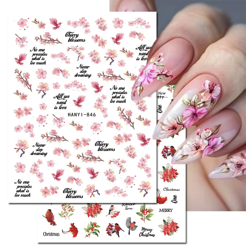 3d สติ๊กเกอร์เล็บฤดูใบไม้ผลิ Cherry Blossom Florals ดอกไม้สีชมพูนกผลไม้กาว Sliders สําหรับเล็บ