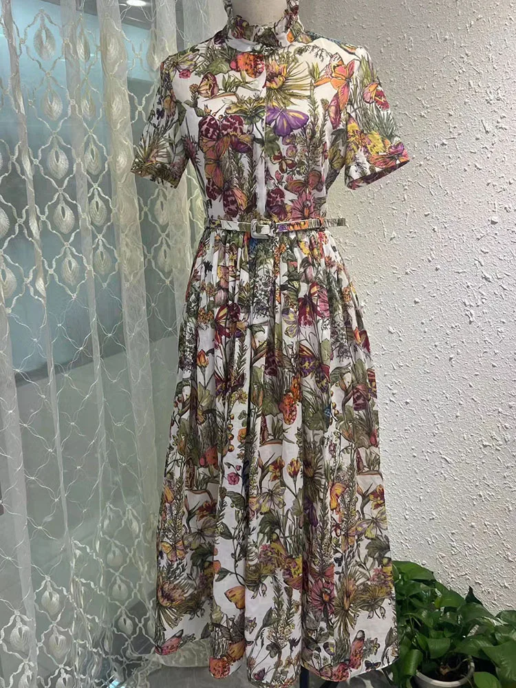 

Women's High Street Long Dress, Stand Collar, Short Sleeve, 100% Cotton, Flower Printing Expansion Vestidos, Waist Belt Sliming