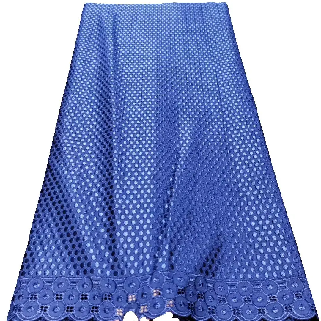 

5 Yards Hot Selling Nigerian 100% Cotton Polish Fabric For Men Women High Quality Blue Swiss Voile Lace Material With Embroidery