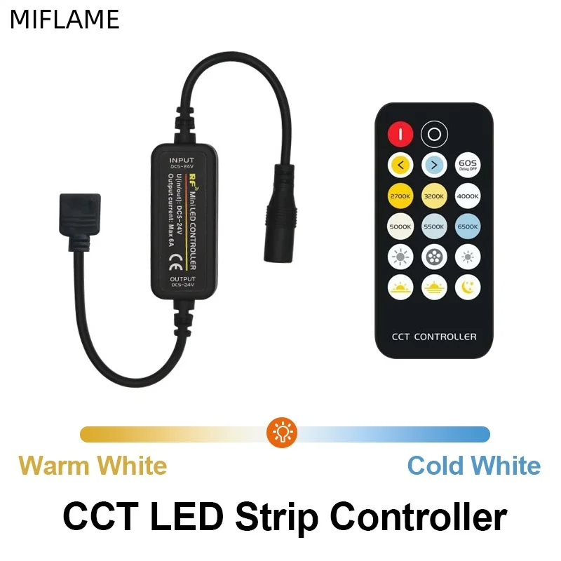 CCT LED Controller Dual White Dimmer for DC 5V 12V 24V LED Strip Light Color Temperature Adjustment Danymic RF Remote17-Key