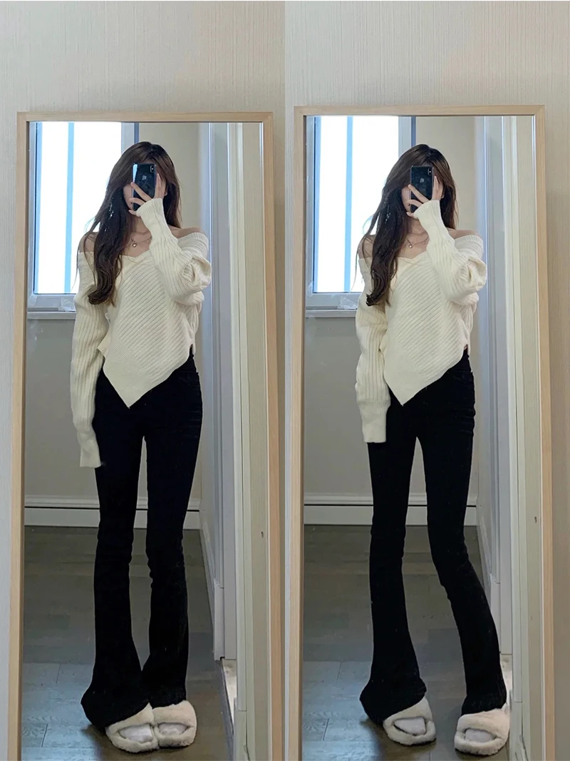 

High Waist Black Bell Bottom Jeans Women's Autumn Fashion Leggings Pants Long Calf High Heel Simulation Hoof Shoes
