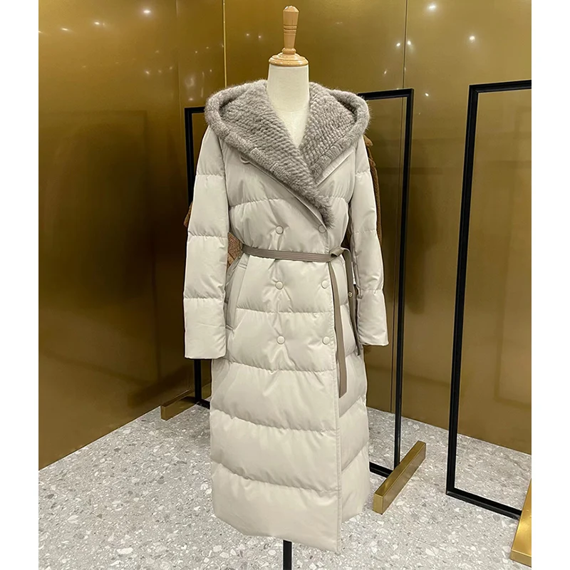 2023 Winter Vrouwen Lange Jassen Vullen Witte Ganzendons Met Natuurlijke Real Mink Bontkraag Luxe Dikke Warme Hooded Mode jas