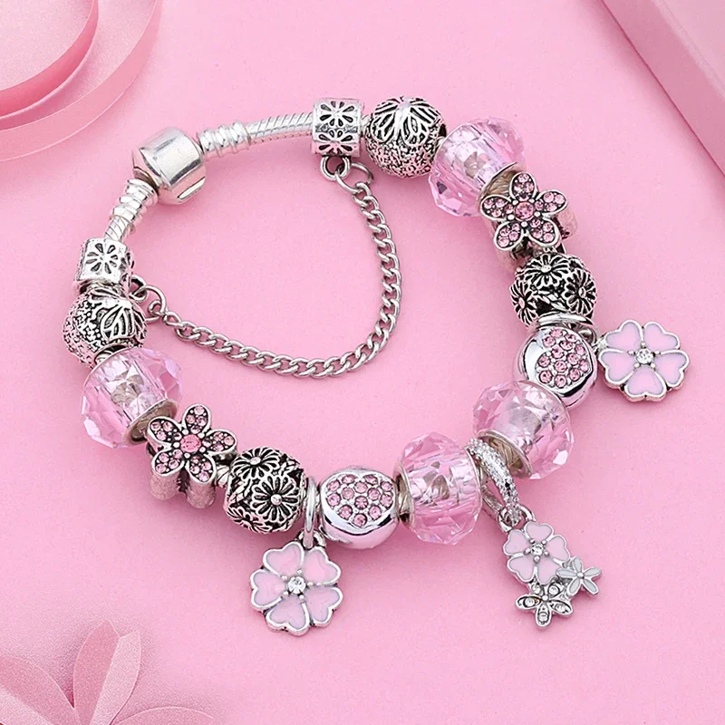 Dropshipping New Romantic Pink Heart Flower Charm Bracelet Bangle Plant Bead Bracelet Pink Enamel Bracelet for Women Girl