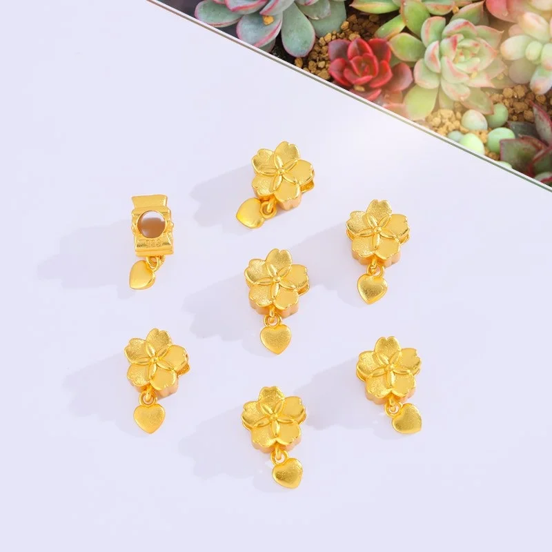 QEENKISS Gold Flower Heart Bead Charm Pendant For DIY Bracelet Making Accessories Girl Children Birthday Christmas Gift AC546