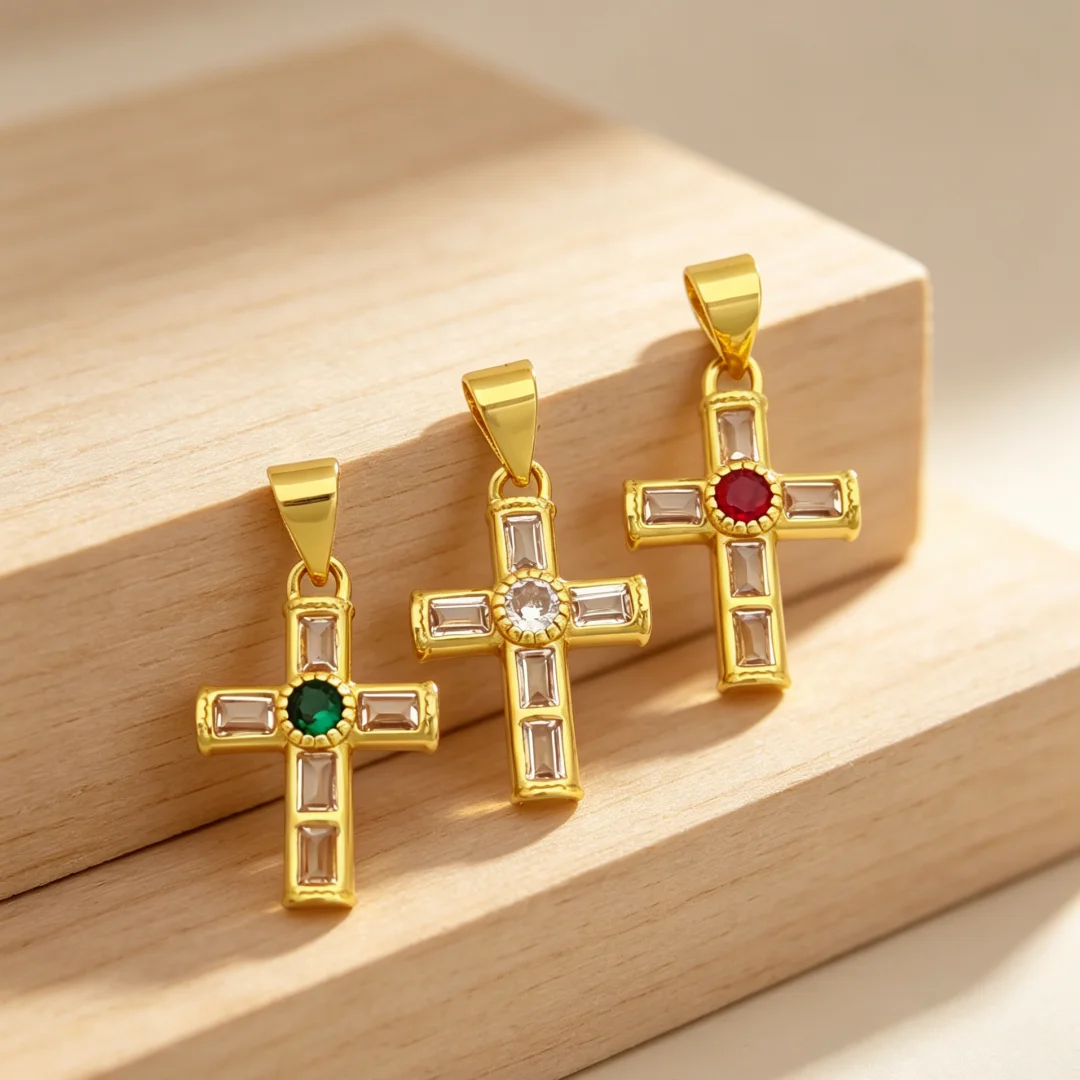 

3Pcs Pendants Gold Plated Zircon Religious Saint Michael Cross Jesus Charms Shiny Smooth DIY Jewelry Necklace Bracelet Accessory