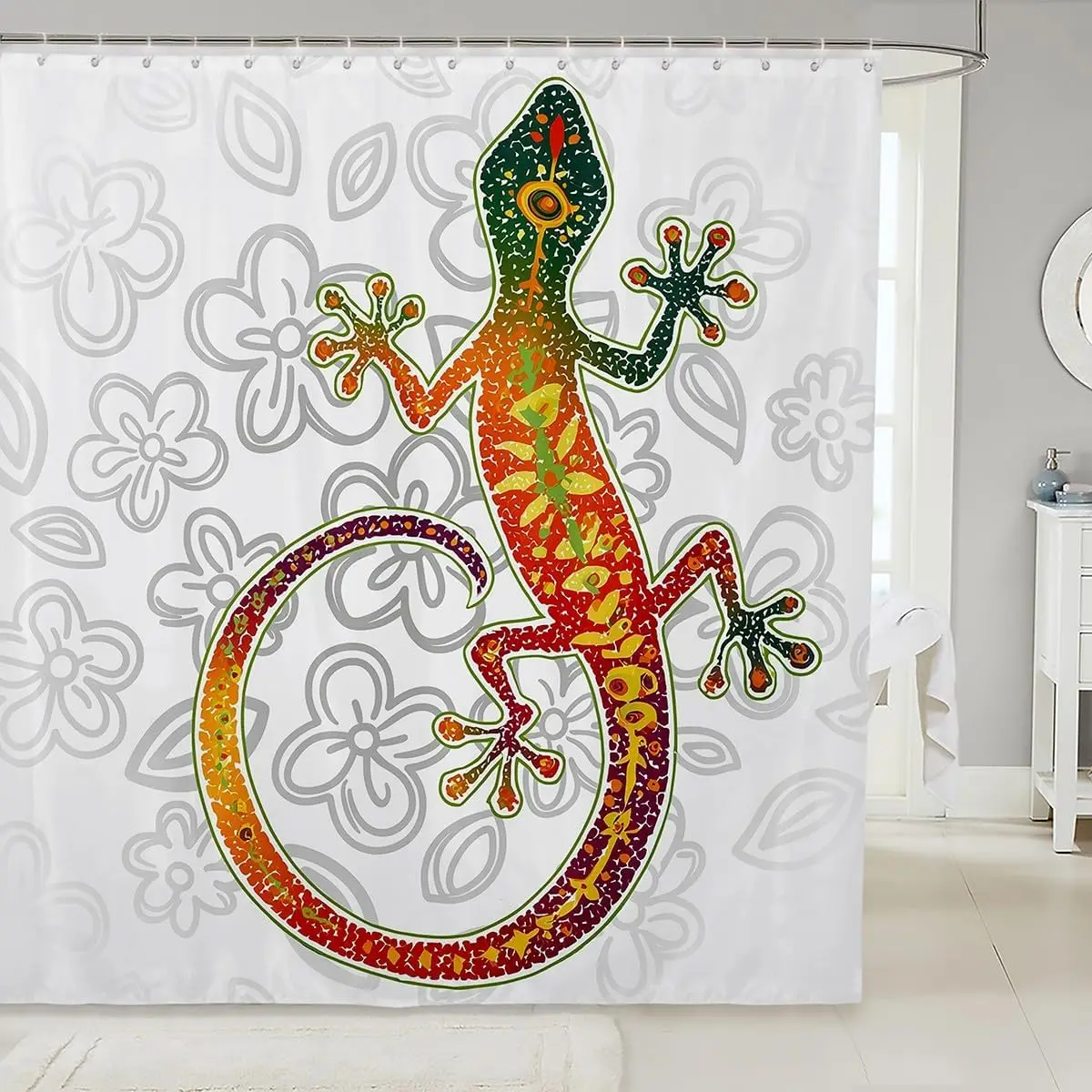 

Colorful Mosaic Style Gecko Lizard With Floral Pattern Exotic Animal Print Decorative Shower Curtain