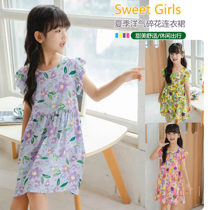 2024 Summer Teenager Girl Princess Kids Clothes Dresses Vestidos chiffon Floral leaf off shoulder sleeveless 6 8 9 10 12 14 Year