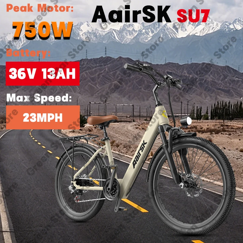 

Электровелосипед для взрослых Aairsk SU7, городской, для поездок на работу, с двигателем 750 Вт (пиковая мощность), аккумулятор 36В 13Ач, для улицы, с шинами 24*1.95 дюйма