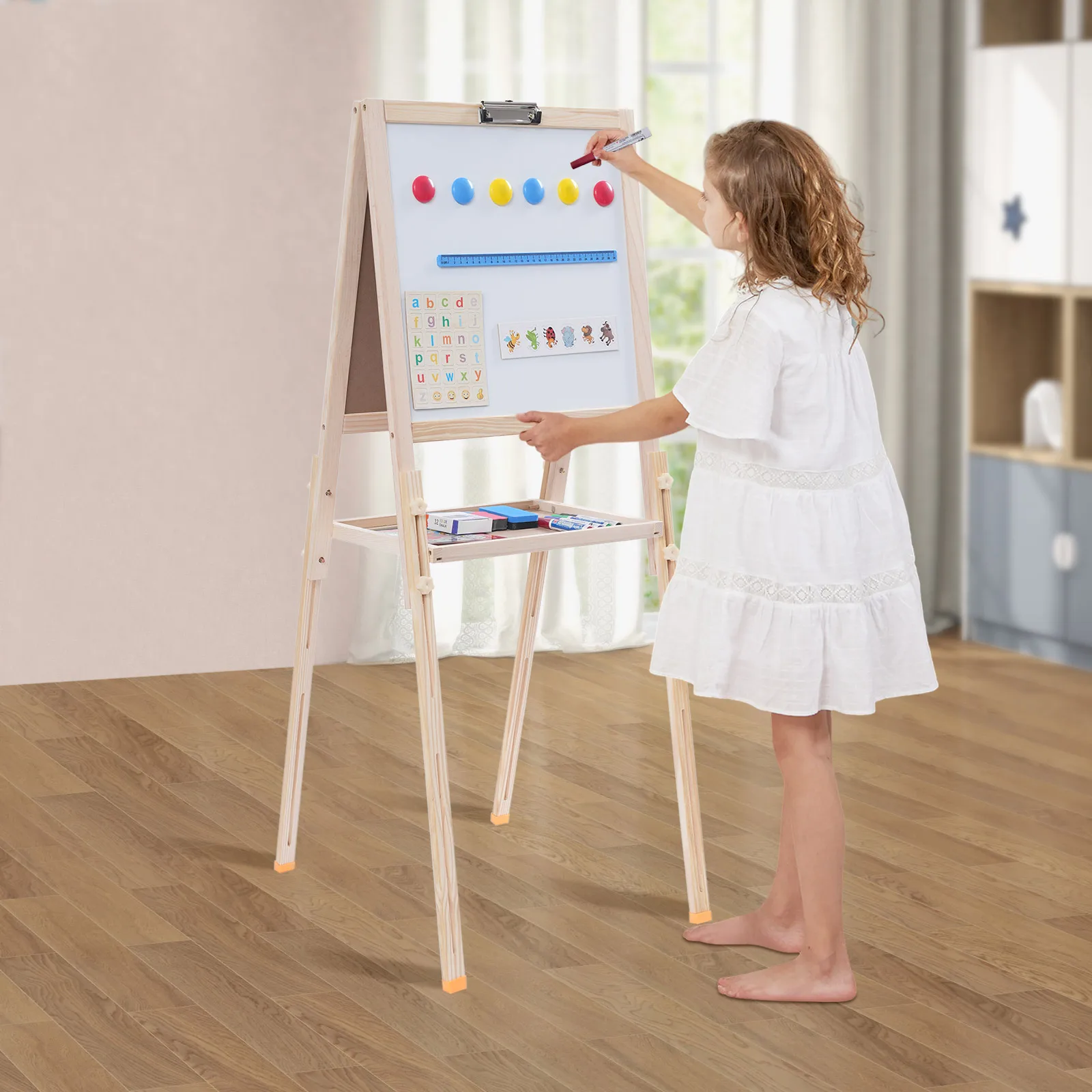 Kids Art Easel Stand Adjustable Wood All-in-One Toddler Easel with Chalkboard/Whiteboard for Kids Aged 2-8 Free Standing Easel