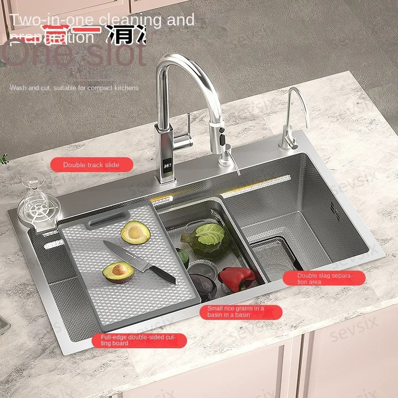 304 Stainless Steel Commercial-Grade Nano Sink - Honeycomb Texture Anti-Condensation Layer Pull-Out Sprayer Left-Side Drain