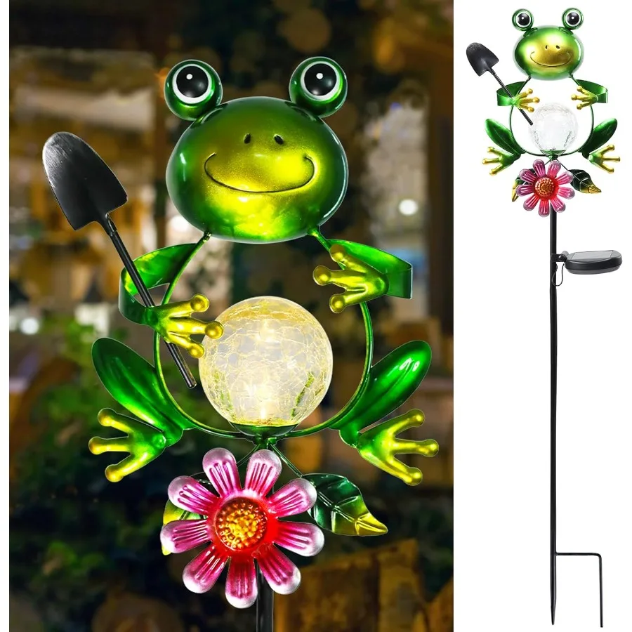 

Лягушка, солнечный свет, открытый сад, треснутое стекло, металлические солнечные садовые колья для дорожки, украшение для заднего двора, украшения для газона